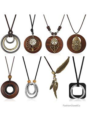 Boho Long Necklace Set - 8 Pcs Faux Leather Wood Hippie Jewelry
